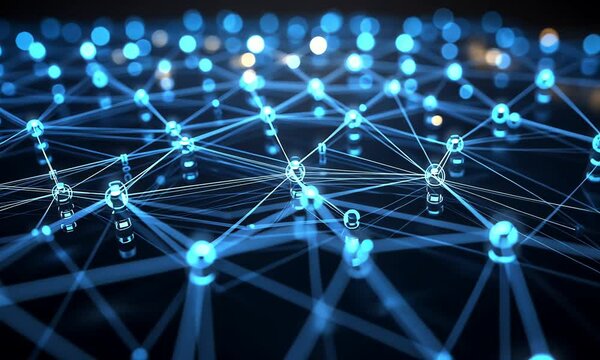 Abstract blue glowing network with connecting lines.