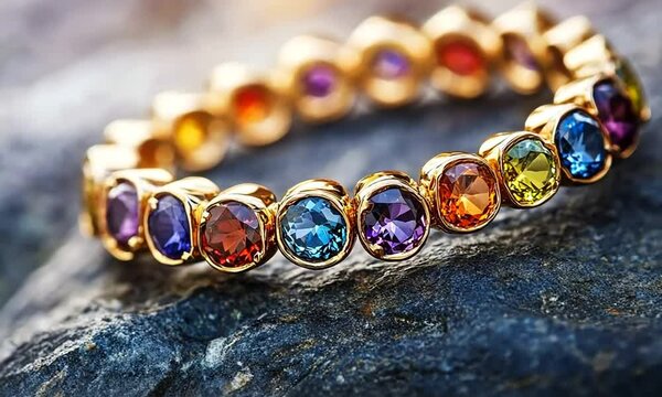 A close-up shot of a gold bracelet with a row of colorful gemstones. The bracelet is lying on a textured rock.