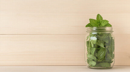 Fototapeta premium Fresh Mint Leaves in a Glass Jar on a Wooden Background