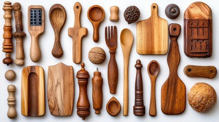Wooden Kitchen Utensils and Accessories Flat Lay Photography