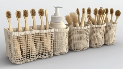 Bamboo Toothbrushes in Mesh Storage Baskets with Soap Dispenser