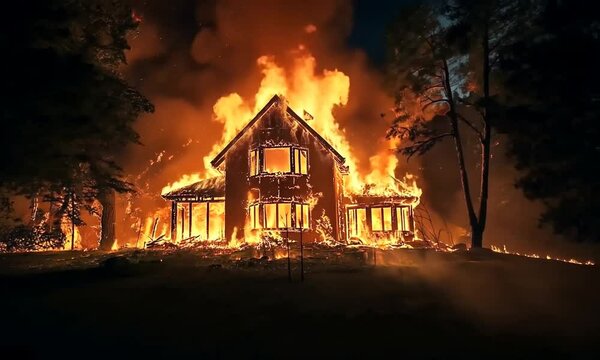 A house engulfed in flames, burning fiercely with a glowing orange glow.