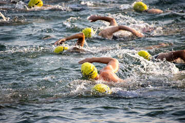 Triathletes swimming in open water, wearing yellow swim caps