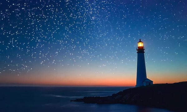 A tall lighthouse stands illuminated on a rocky shore at night with a star-filled sky and a calm sea.