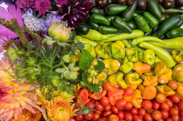 Colorful vegetables and flowers arranged in rainbow hues.