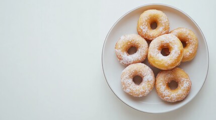 A plate of freshly made donuts with powdered sugar, set against a clean white background. Classic and comforting.