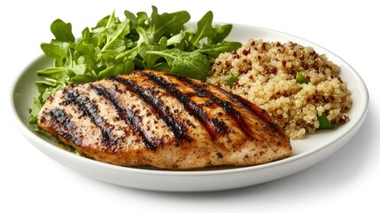 A plate of grilled chicken breast with a side of quinoa and mixed greens, placed on a white background. Lean and protein-packed.