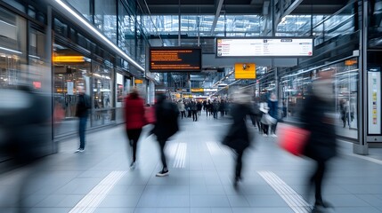 Fototapeta premium Blurred motion of commuters rushing through urban transportation hub