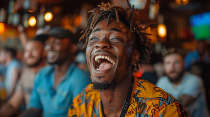 Obraz premium Young man is laughing hysterically while watching a game with his friends at a crowded bar