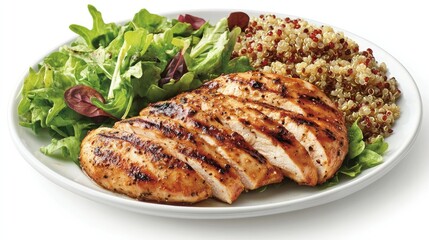 A plate of grilled chicken breast with a side of quinoa and mixed greens, placed on a white background. Lean and protein-packed.