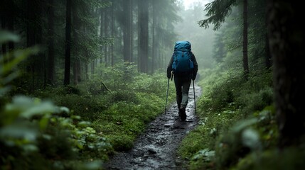 Obraz premium Hiker with Backpack Exploring Misty Forested Trail on Mountain Adventure