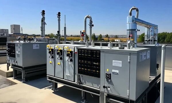 Industrial equipment on a rooftop with a blue sky.