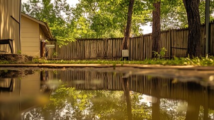 Obraz premium Backyard with standing water reflecting the surrounding trees and sky, capturing the serene beauty of nature's reflection and the tranquility of a still moment.