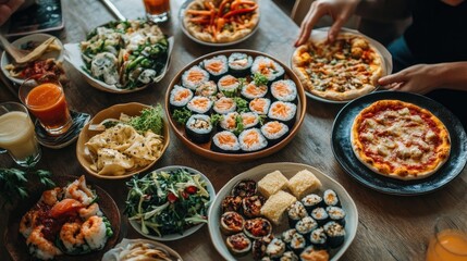 Fototapeta premium A selection of international food dishes, including sushi, pizza, and tapas, artistically arranged on a dining table for a multicultural feast.