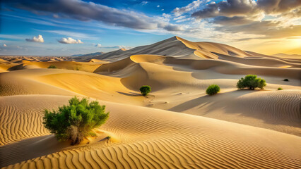 Golden dunes shimmer under a vast desert sky.