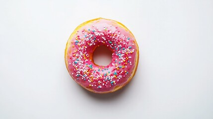 A single donut with pink icing and sprinkles, centered on a minimalist white background. Bold and fun.