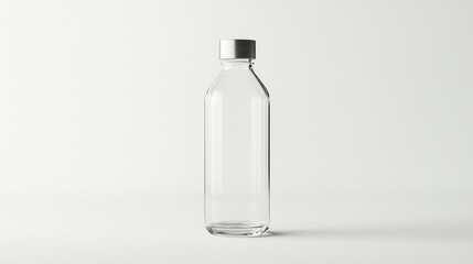 A sleek glass water bottle with a metal cap, standing upright on a white background. Minimalist and modern design.