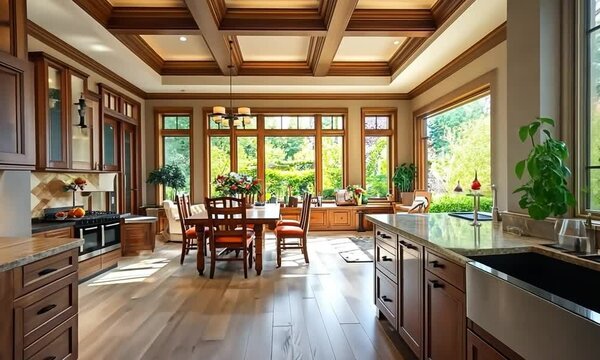 Modern kitchen with a wood-paneled ceiling, granite countertops, a stainless steel sink, and a professional-grade range. The kitchen has a view of a lush backyard.