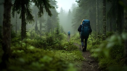 Obraz premium Hiker Exploring Misty Forest Trail on Adventure Expedition
