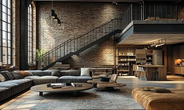 A spacious loft apartment with exposed brick walls, a large sectional sofa, a coffee table, and a metal staircase leading to a loft area.