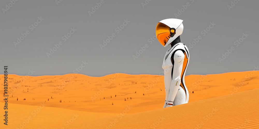 Poster futuristic robot stands alone in vast desert landscape, showcasing blend of technology and nature. o
