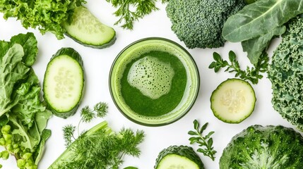 A top-down view of a glass of green juice surrounded by fresh leafy greens and vegetables, placed on a white background. Fresh and energizing.