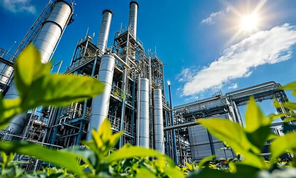 Large industrial plant seen through green foliage with a blue sky background.