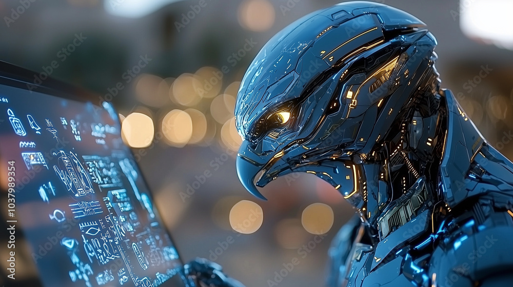 Aufkleber futuristic robotic bird interacts with digital interface, showcasing advanced technology and intricate design. sleek metallic surface reflects ambient light, creating captivating visual
