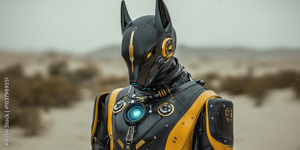Poster futuristic robotic figure resembling dog stands in desolate landscape, showcasing advanced technolog