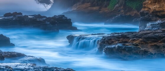 Naklejka premium A waterfall mid-body of water, foregrounded by rocks, backgrounded by foggy sky