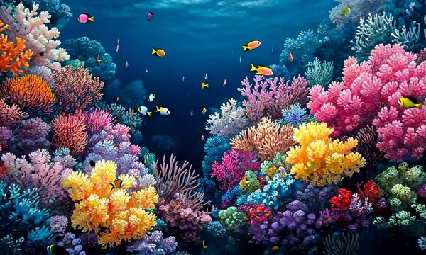 Colorful coral reef with fish swimming in the ocean.
