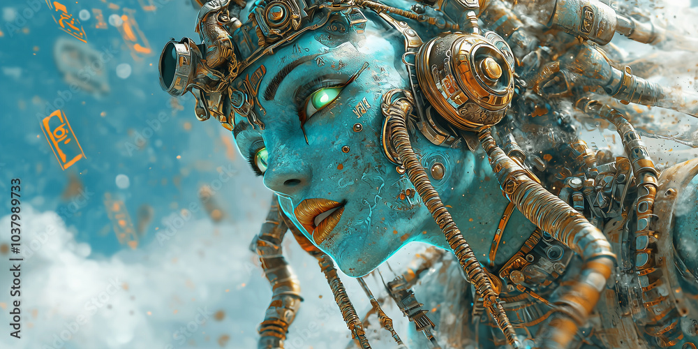 Poster captivating depiction of futuristic robotic figure with intricate details and glowing features, embo