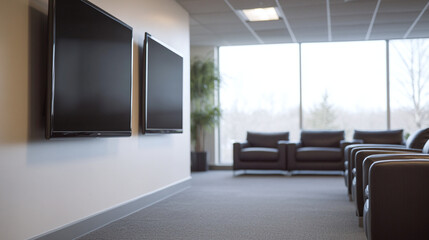 Modern Office Waiting Area with Leather Chairs and Large Windows