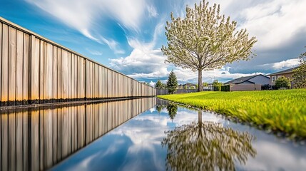 Obraz premium Backyard with standing water reflecting the surrounding trees and sky, capturing the serene beauty of nature's reflection and the tranquility of a still moment.