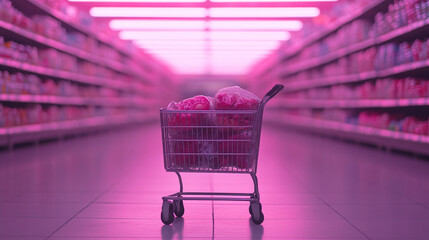 Shopping Cart in a Pink Lit Supermarket Aisle
