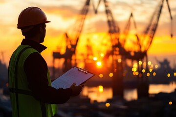 Engineer standing by sunset-lit port