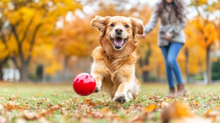 Golden Retriever Running with Red Ball in Autumn Park