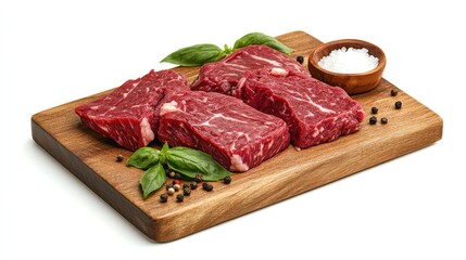 Raw marbled beef steaks on a wooden cutting board, ready for preparation, with salt and pepper beside it, set on a white background. Rich and fresh.