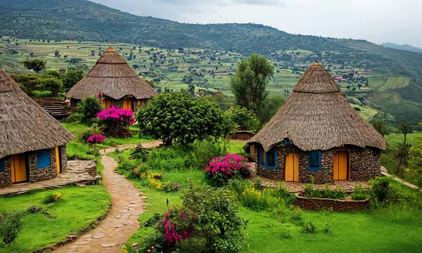 Three traditional thatched roof houses nestled in a green mountainside valley with a path leading through the lush landscape.