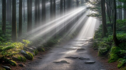 Obraz premium Sunbeams Through Forest Path Misty Morning Hike