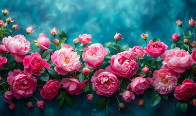 Obraz premium Vibrant Fresh Pink Peonies and Roses with Green Foliage on Teal Background Featuring Copy Space for Romantic Floral Design Concepts