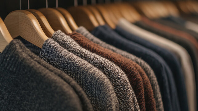 Close Up of Knitted Sweaters Hanging on a Clothes Rack