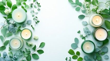 Green Candles with Eucalyptus Leaves on Mint Background   Spa  Aromatherapy  Relaxation