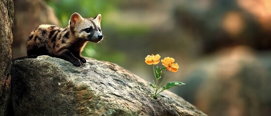 Obraz premium A small animal atop a rock, near a yellow flower on a larger rock