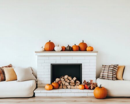 A cozy, autumn-themed living room featuring a fireplace adorned with pumpkins and a stack of firewood, complemented by comfortable sofas and decorative pillows.