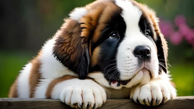 A saint bernard puppy is laying on a wooden fence