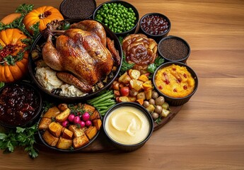 Thanksgiving Feast: Roasted Chicken, Vegetables, and Pumpkin Pie on Wooden Table. Aerial View of American-style Holiday Dinner. Canon EOS Wide-angle Shot.