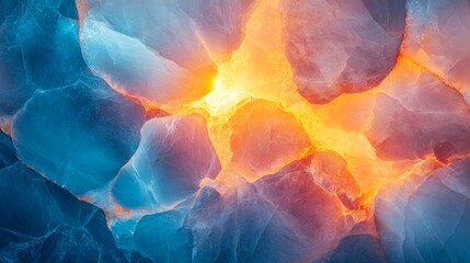 Fototapeta premium Abstract image of glowing orange and blue textures resembling molten rock and ice formations.