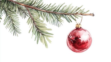 Watercolor of Christmas tree branches with red balls, isolated on white background, border,Christmas composition,Spruce branches with New Year decorations,fairy lights and red baubles,copy space.