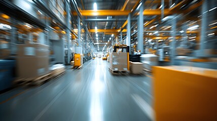 Dynamic Warehouse Interior with Blurred Shelves and Boxes in Motion